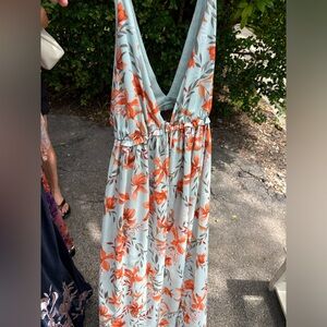 Blue & orange floral sundress w/ slit and cut out back adjustable tie bow front